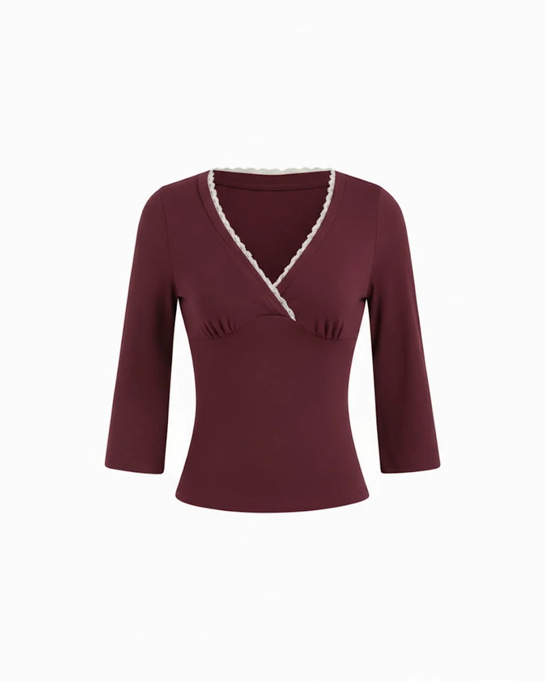 V-Neck Lace Panel Long Sleeve Top in Maroon
