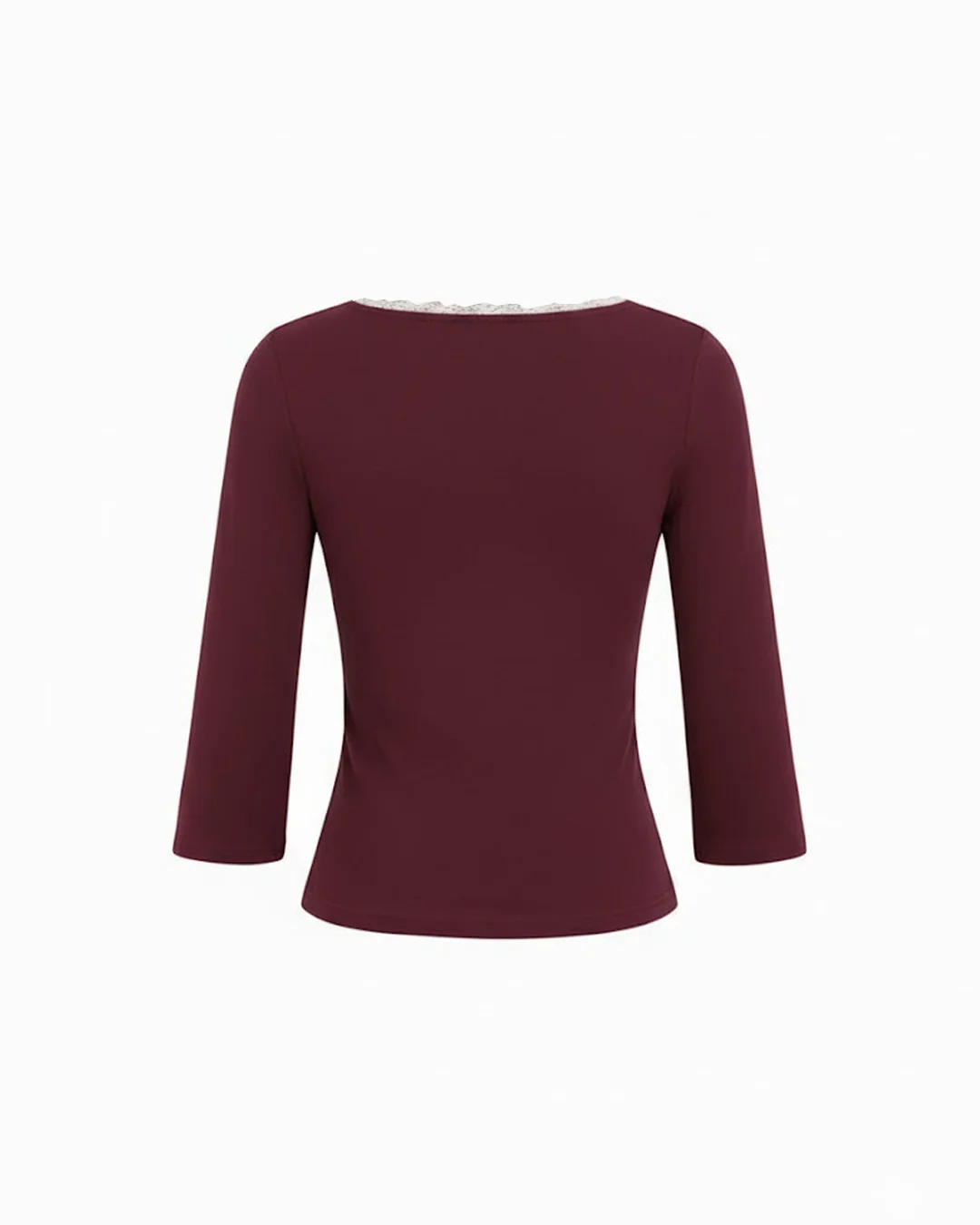 V-Neck Lace Panel Long Sleeve Top in Maroon - Image 3