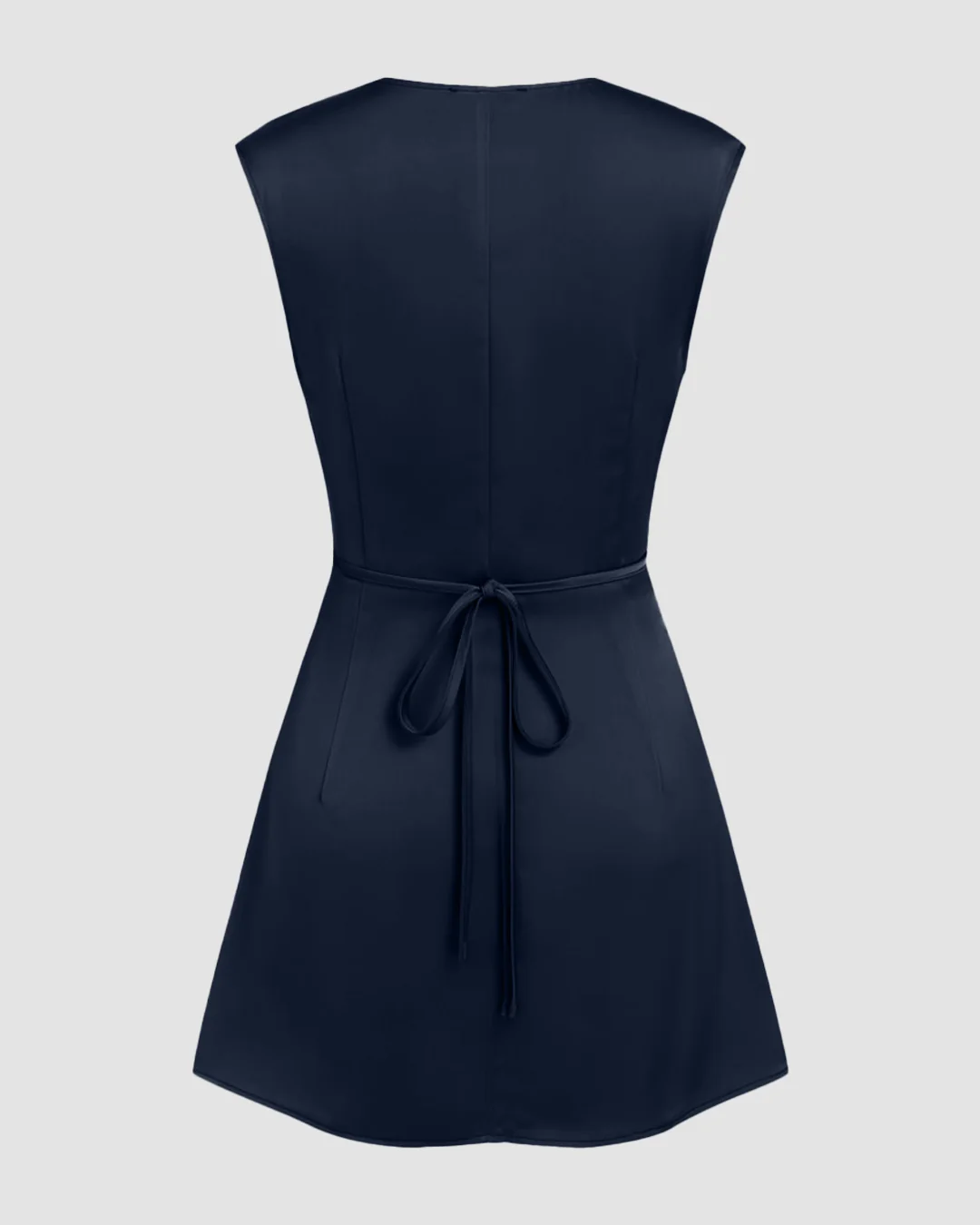 V-neck Ruched Knotted Tie Back Mini Dress in Navy Blue - Image 2