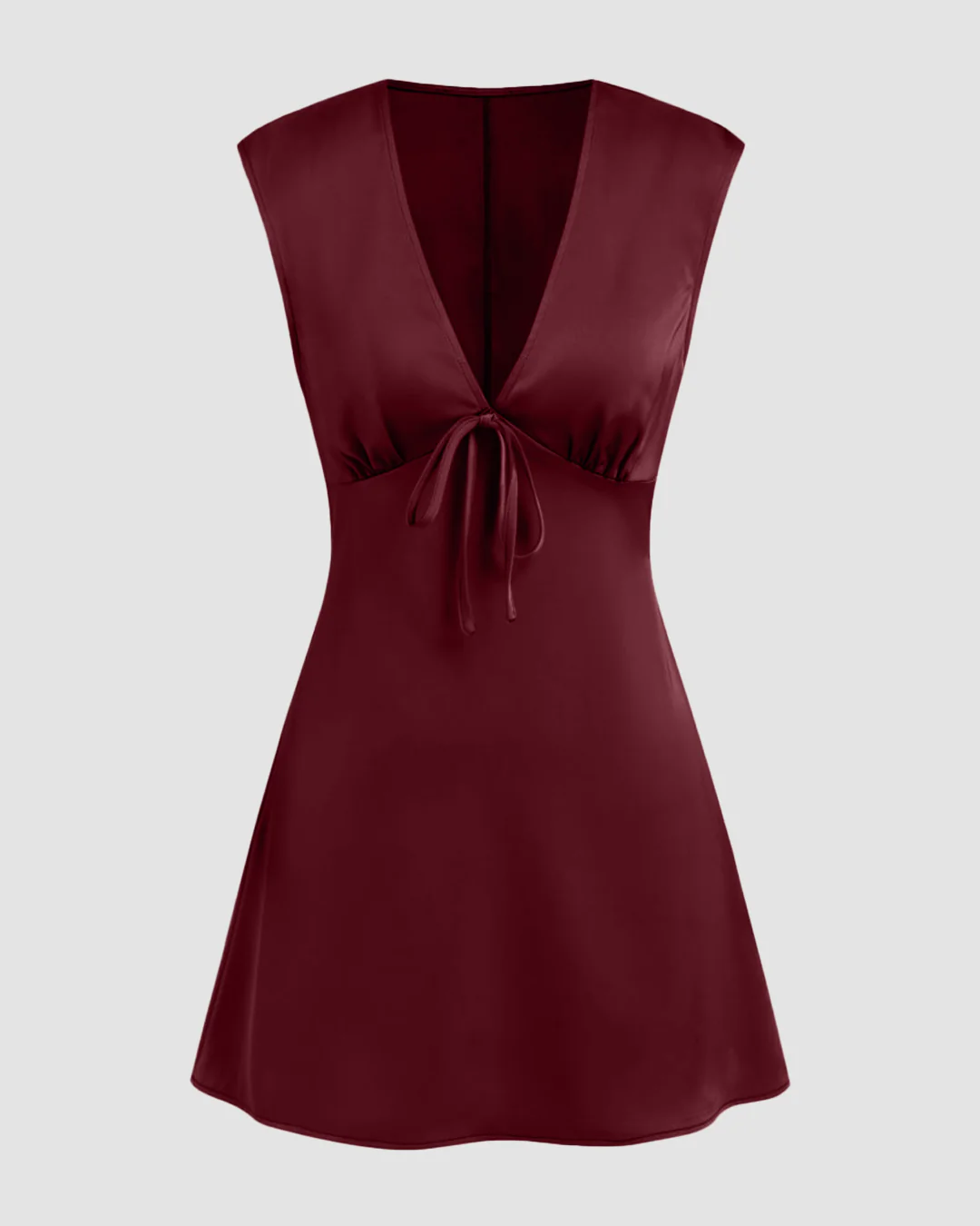 V-neck Ruched Knotted Tie Back Mini Dress in Red