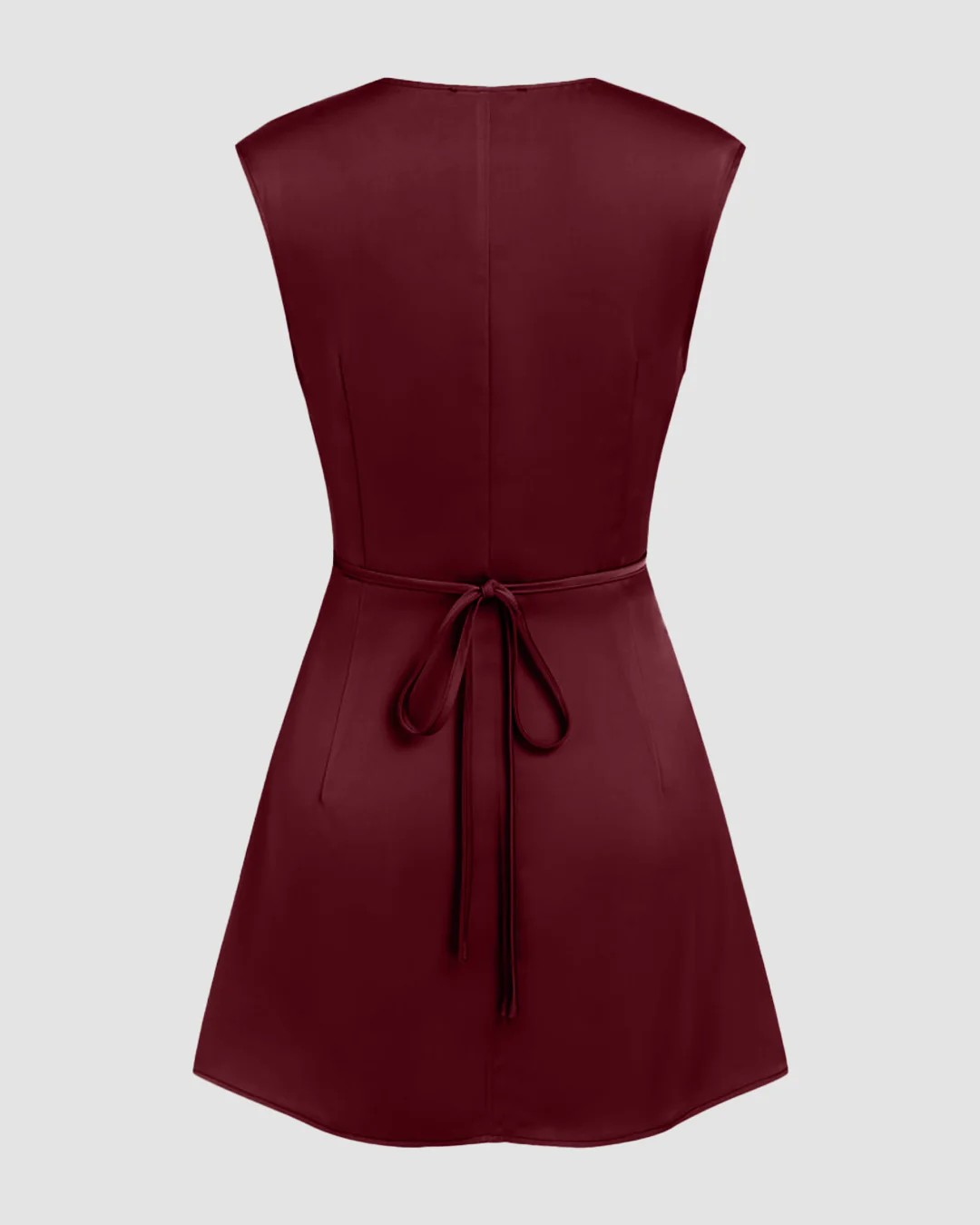 V-neck Ruched Knotted Tie Back Mini Dress in Red - Image 2