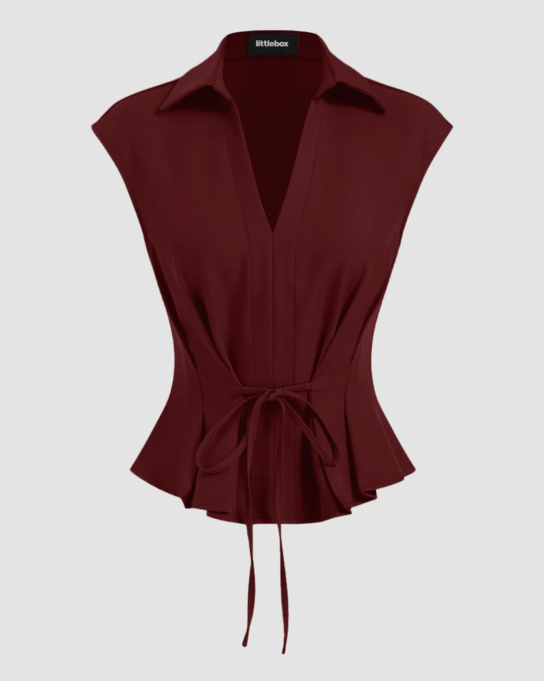 V-Neck Ruched Ruffled Tie Front Top in Maroon