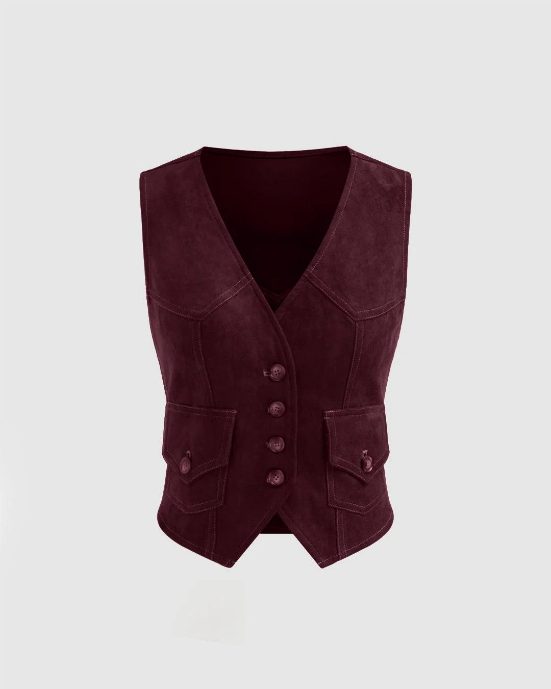 V-neck Solid Button Pocket Vest In Wine