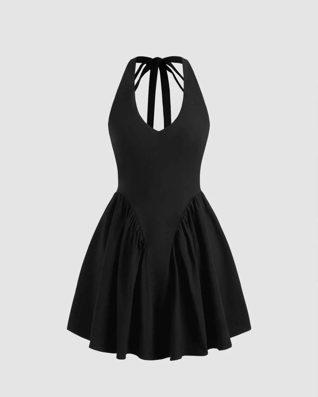 V-neck Solid Knotted Ruffle Halter Mini Black Dress