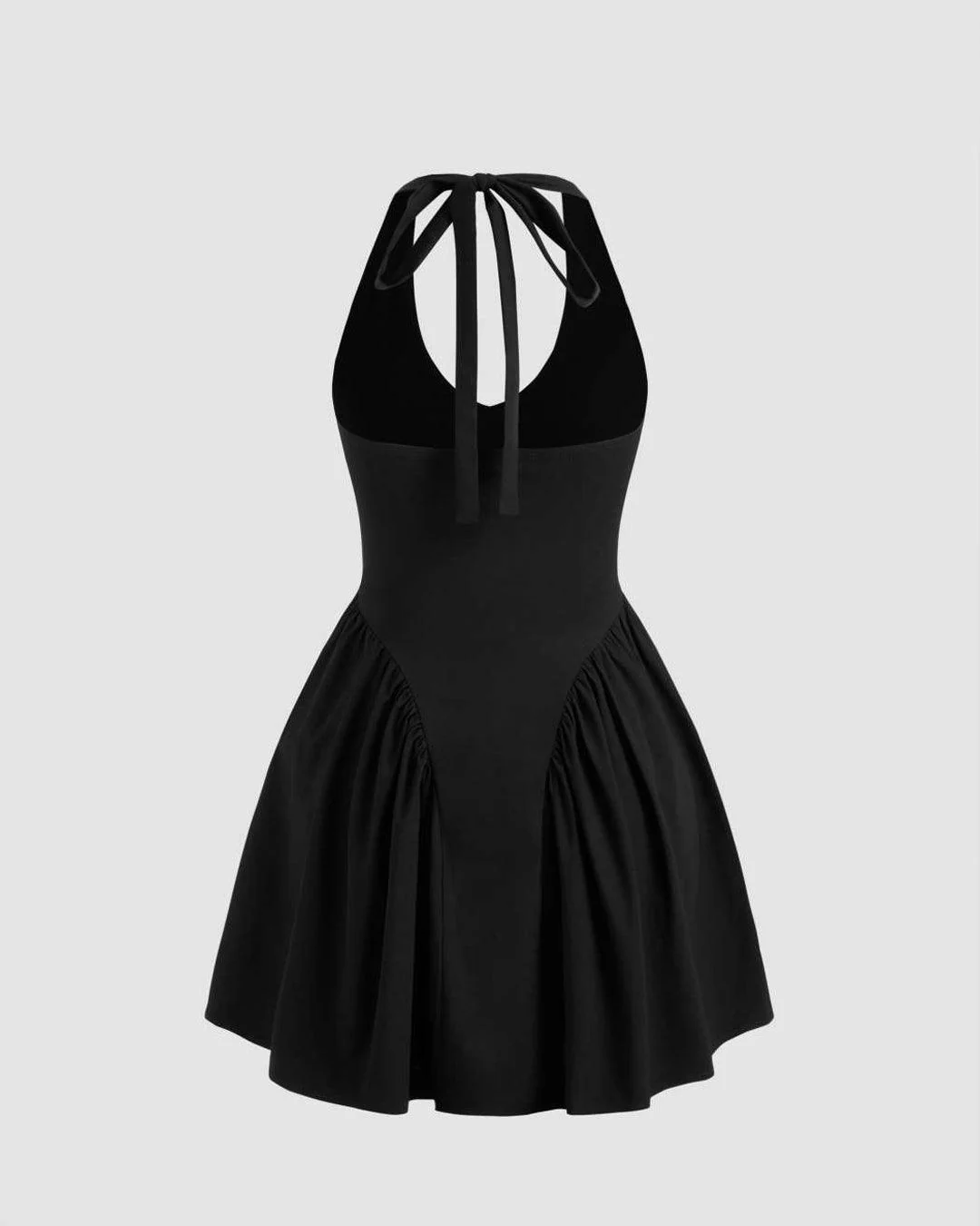 V-neck Solid Knotted Ruffle Halter Mini Black Dress - Image 2