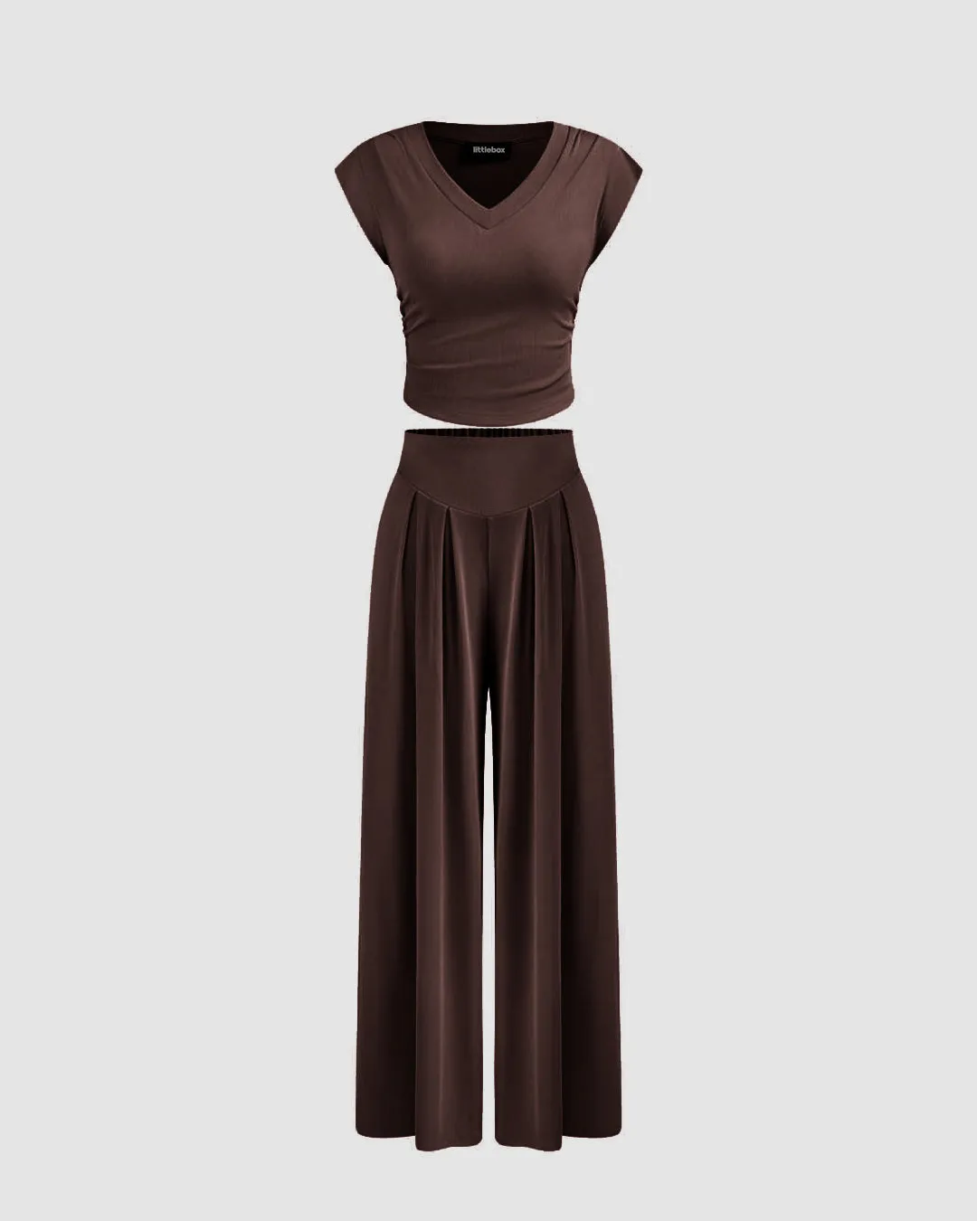 V-neck Solid Ruched Crop Short Sleeve Top & Mid Rise Wide Leg Trousers In Chocolate Brown