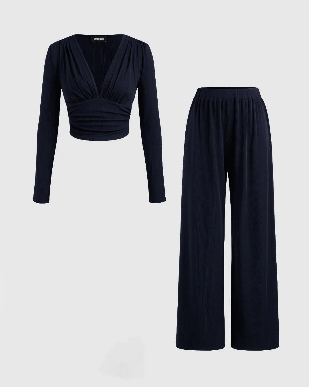 V-neck Solid Ruched Long Sleeve Crop Top & Mid Rise Solid Wide Leg Trousers Set In Navy Blue
