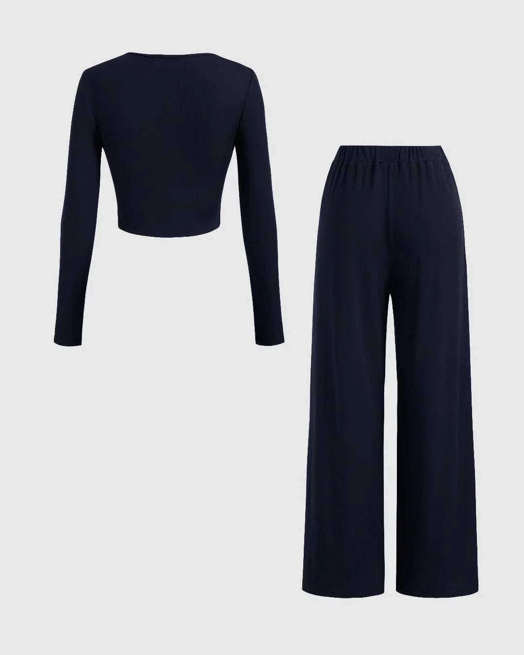 V-neck Solid Ruched Long Sleeve Crop Top & Mid Rise Solid Wide Leg Trousers Set In Navy Blue - Image 2