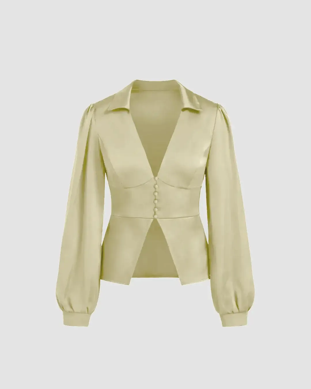 V-neck Solid Split Long Sleeve Blouse In Light Gold