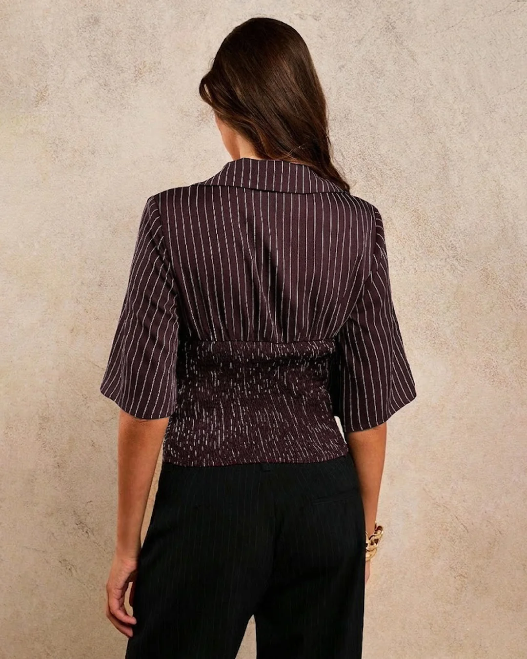 V-Neck Striped Flared Ruched Top in Wine Red - Image 2
