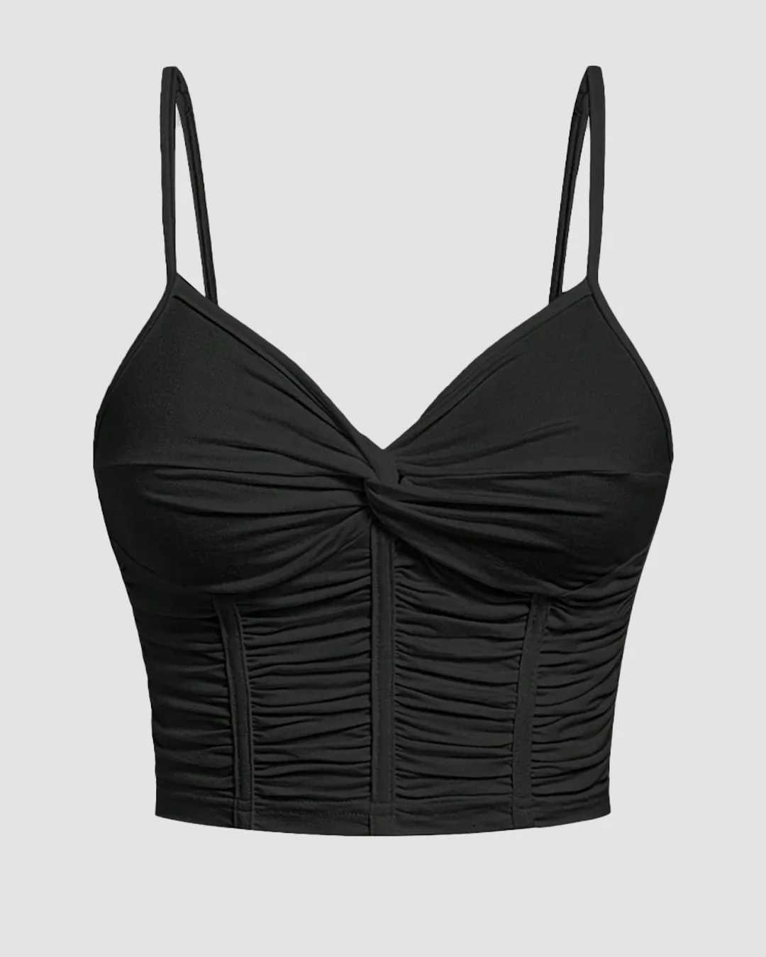 V Neck Twist Front Ruched Cami Top in Black