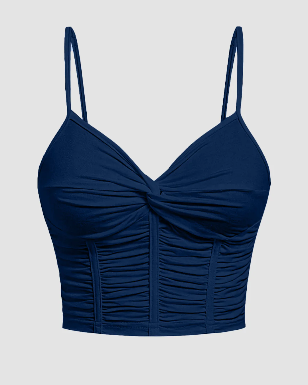 V Neck Twist Front Ruched Cami Top in Navy Blue