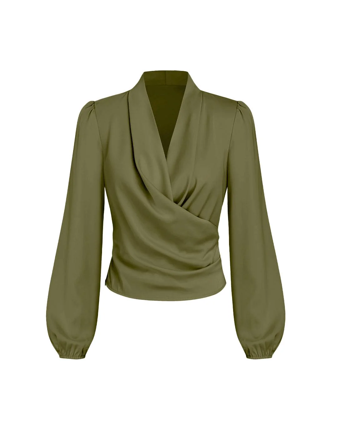 V-Neck Wrap Zip Long Sleeve Green Blouse