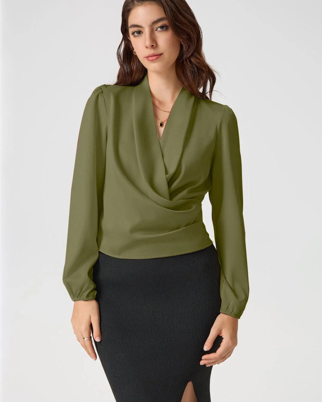 V-Neck Wrap Zip Long Sleeve Green Blouse - Image 3