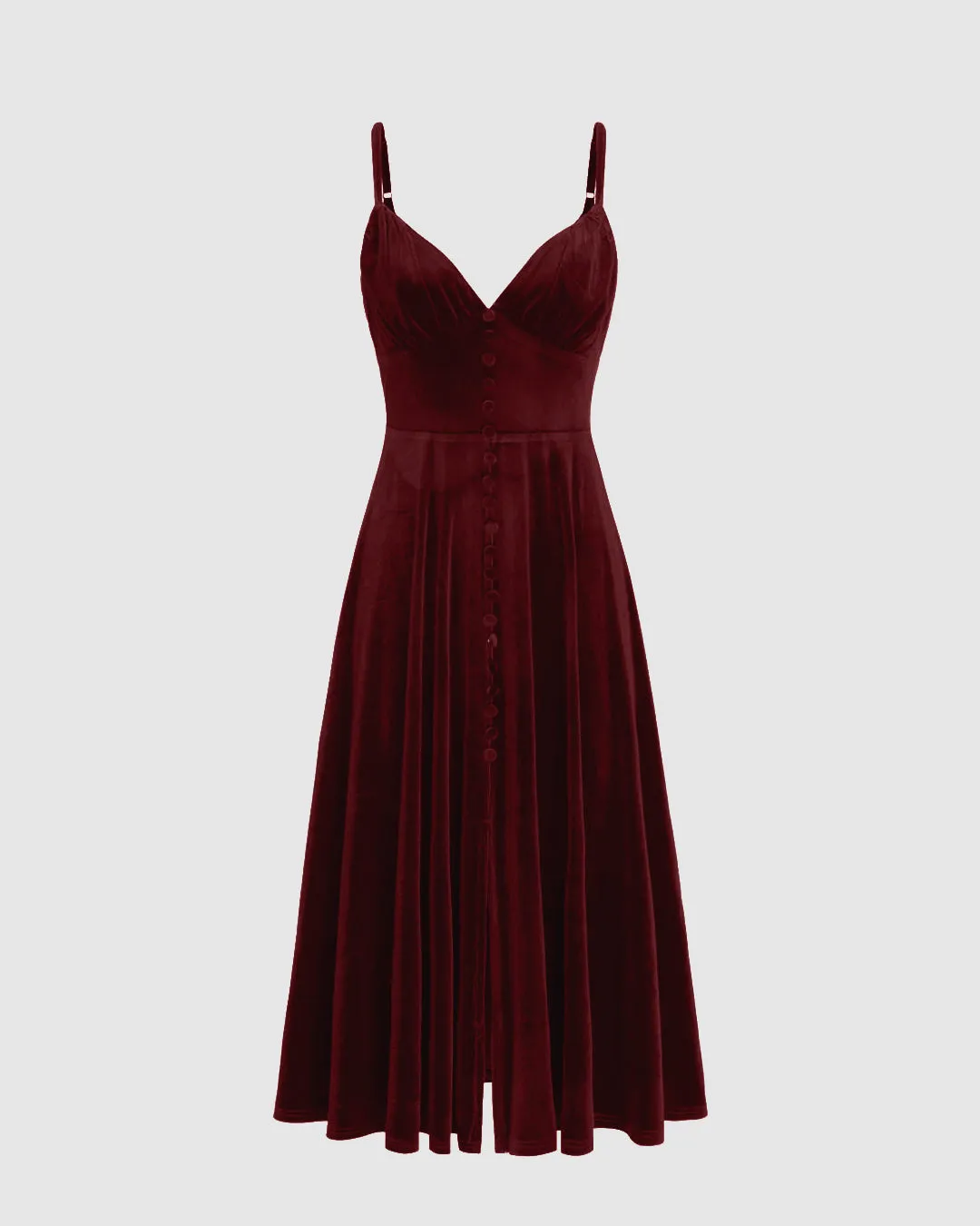Velvet V-neck Solid Color Ruffle Midi Dress In Cherry Red
