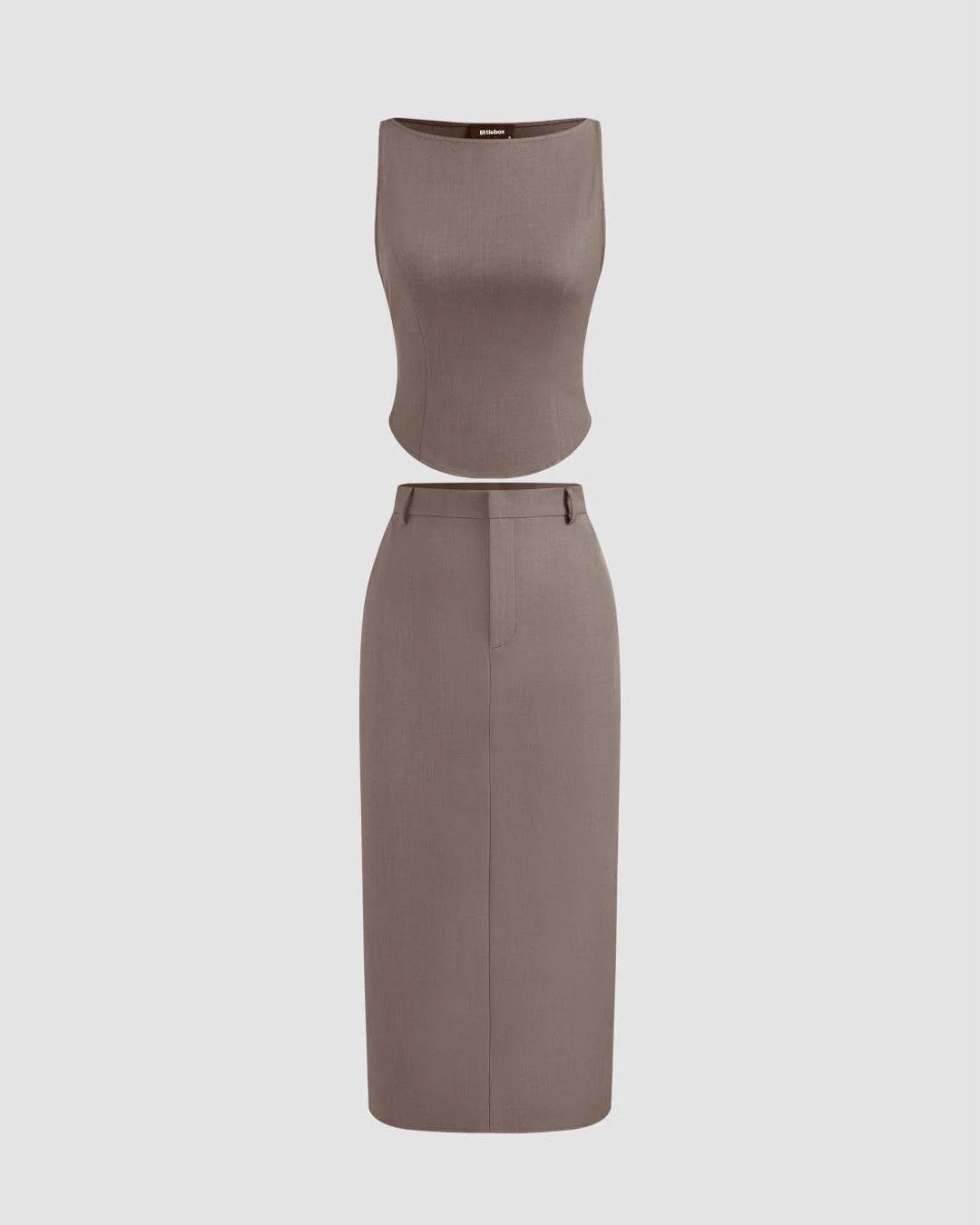 Woven Boat Neck Solid Tank Top & High Rise Split Maxi Skirt In Cappuccino