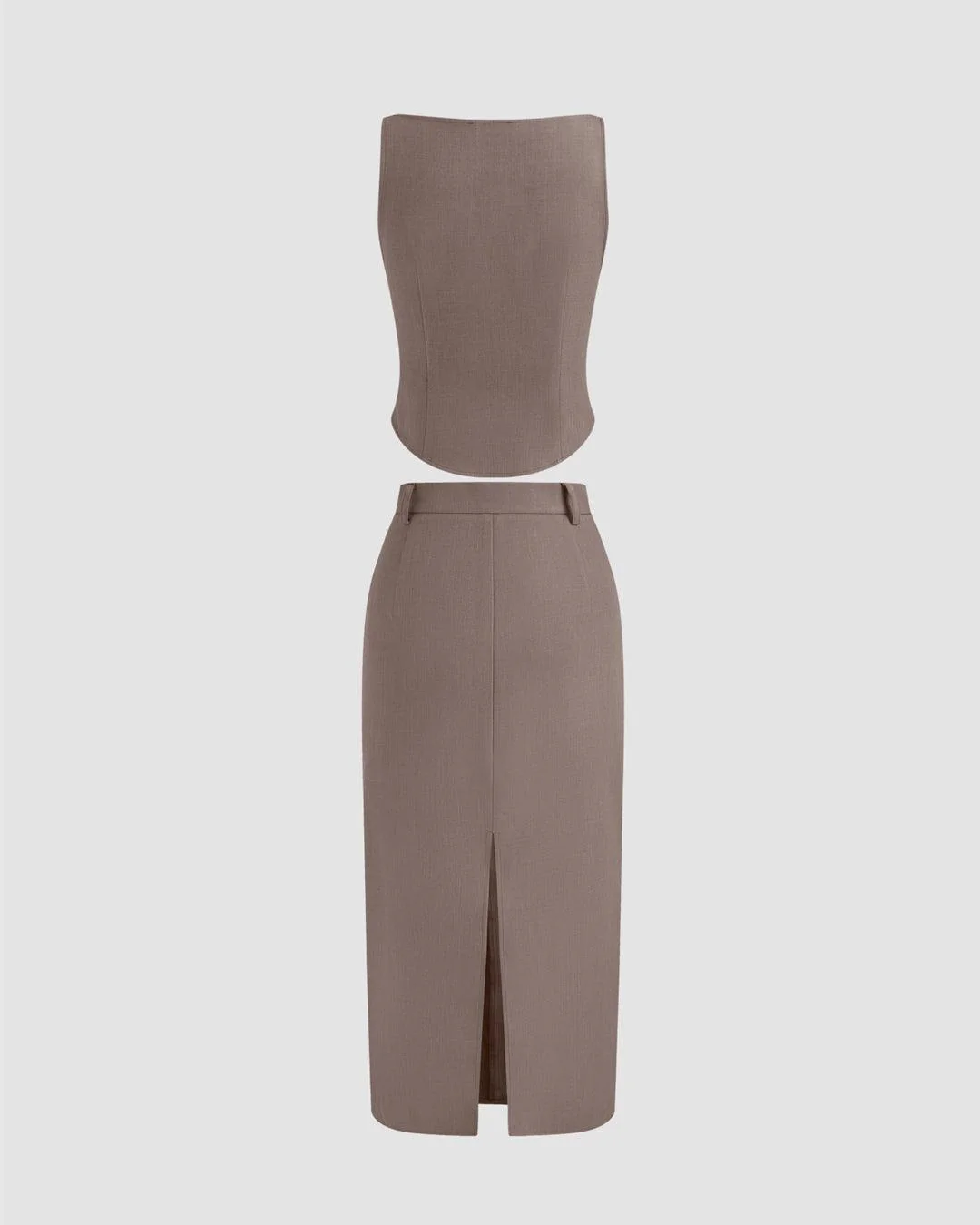 Woven Boat Neck Solid Tank Top & High Rise Split Maxi Skirt In Cappuccino - Image 2