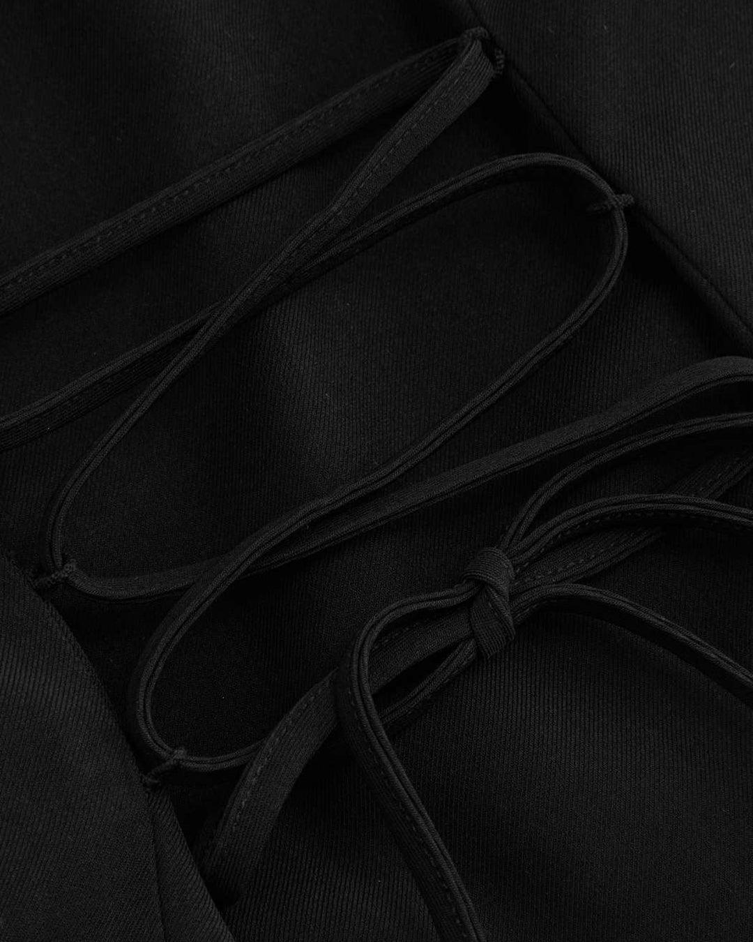 Woven Collar Solid Lace Up Button Blazer In Black - Image 4